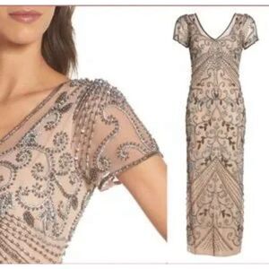 NEW $238 Pisarro Nights Beaded Longline Gown in Rose Nude Size 6